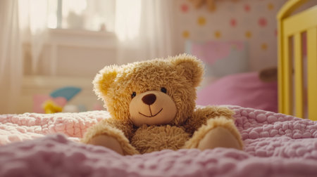 Furry teddy bear lying on a pink blanket generative aiの素材