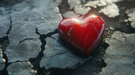 Glossy red heart inside a gray cracked surface generative aiの素材