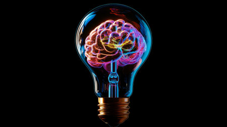 Human brain forming inside a vibrant light bulb, symbolizing inspiration generative aiの素材
