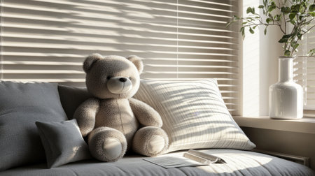 Gray teddy bear leaning against a pile of pillows in a cozy corner of the room generative aiの素材