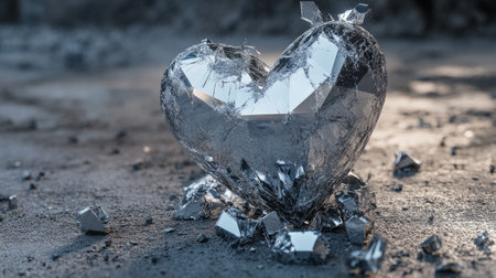 Crystal heart passing through concrete with silver fragments generative aiの素材