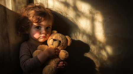Child clutching a teddy bear tightly, shadows on the wall hinting at family stress, generative aiの素材
