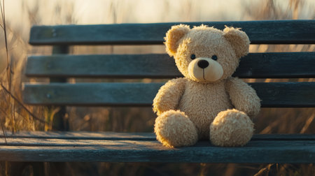 Classic teddy bear with button eyes, sitting alone on an empty wooden bench generative aiの素材