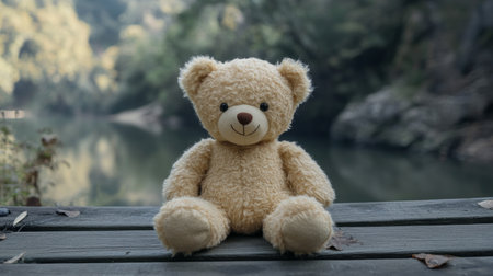 Classic teddy bear with button eyes, sitting alone on an empty wooden bench generative aiの素材