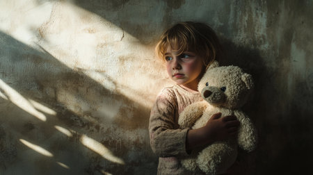 Child clutching a teddy bear tightly, shadows on the wall hinting at family stress, generative aiの素材