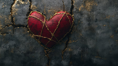 Crimson heart joined by golden dots inside a cracked wall generative aiの素材
