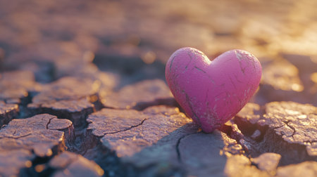 Bright pink heart resting on soft, cracked clay, generative aiの素材