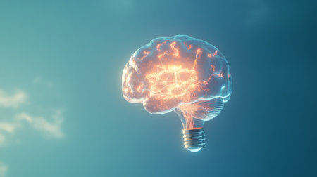 Brain shaped light bulb in the air, with radiant light, concept of creativity and ideas. generative aiの素材