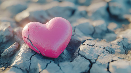 Bright pink heart resting on soft, cracked clay, generative aiの素材