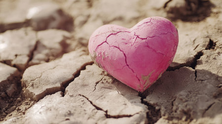 Bright pink heart resting on soft, cracked clay, generative aiの素材