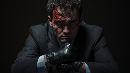 Business professional with bruised face and gloves on, showing exhaustion but determined, generative aiの素材