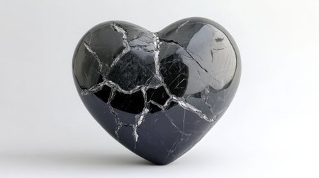 Black stone heart with silver cracks on a white background generative aiの素材