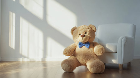 A fluffy teddy bear with a blue bow tie. generative aiの素材