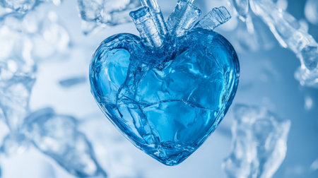 Blue crystal heart suspended in fractured ice generative aiの素材