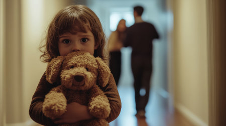 A boy alone in a hallway holding a stuffed animal, his parents arguing in the blurred background generative aiの素材