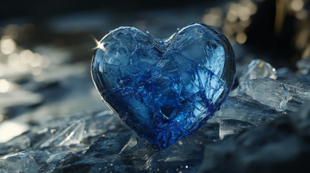Blue crystal heart suspended in fractured ice generative aiの素材