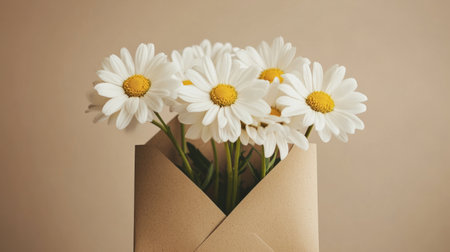 White daisies in a kraft envelope on a soft cream background, minimalist and fresh generative aiの素材