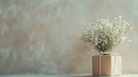 Wrapped gift box with gypsophila flowers, on a light textured background, generative aiの素材