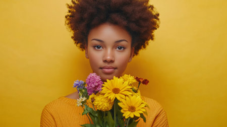 Young woman holding a blooming bouquet, her eyes full of joy, generative aiの素材