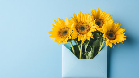 Yellow sunflowers in a light blue envelope on a sky blue background generative aiの素材