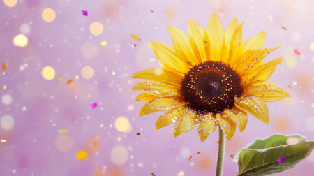 Sunflower and confetti on a light purple background, warm and cozy generative aiの素材