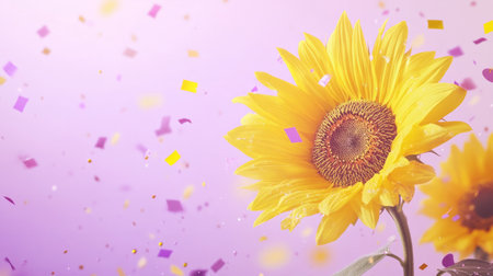Sunflower and confetti on a light purple background, warm and cozy generative aiの素材
