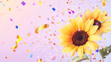 Sunflower and confetti on a light purple background, warm and cozy generative aiの素材