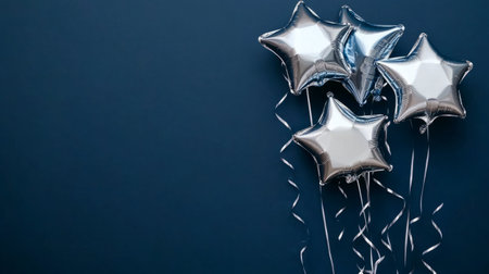 Silver and white star-shaped balloons, shiny ribbons and blank space for party details generative aiの素材