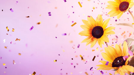 Sunflower and confetti on a light purple background, warm and cozy generative aiの素材
