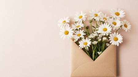 White daisies in a kraft envelope on a soft cream background, minimalist and fresh generative aiの素材