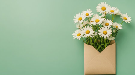 White and yellow daisies in a kraft envelope on a soft green background, minimalist and fresh generative aiの素材
