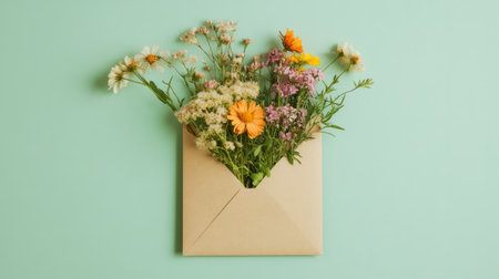 Mixed wild flowers in a kraft envelope on a pale green background, natural and wild, generative aiの素材