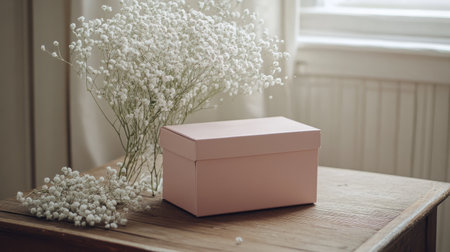 Light pink gift box and bouquet of white gypsophila flowers on a wooden table generative aiの素材