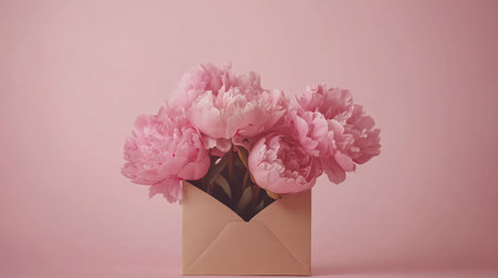 Mixed pink peonies in a beige envelope on pastel pink background, luxurious and beautiful, generative aiの素材