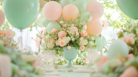 Mint green and pastel pink balloons in a whimsical spring garden party setting generative aiの素材