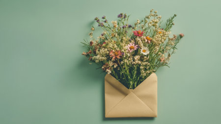 Mixed wild flowers in a kraft envelope on a pale green background, natural and wild, generative aiの素材