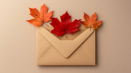 Orange and red autumn leaves in a kraft envelope on a light brown background, seasonal and warm, generative aiの素材