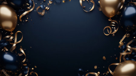 Navy blue and gold balloon frame with ribbon streamers, metallic elements and blank paper. generative aiの素材