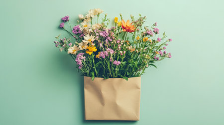 Mixed wild flowers in a kraft envelope on a pale green background, natural and wild, generative aiの素材