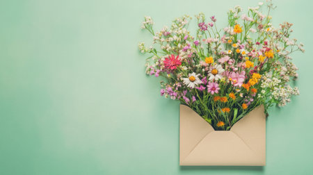 Mixed wild flowers in a kraft envelope on a pale green background, natural and wild, generative aiの素材