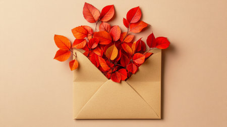 Orange and red autumn leaves in a kraft envelope on a light brown background, seasonal and warm, generative aiの素材