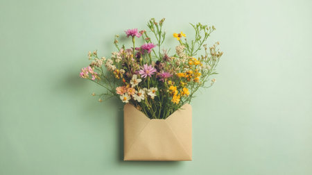 Mixed wild flowers in a kraft envelope on a pale green background, natural and wild, generative aiの素材