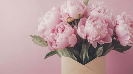 Mixed pink peonies in a beige envelope on pastel pink background, luxurious and beautiful, generative aiの素材
