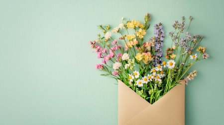 Mixed wild flowers in a kraft envelope on a pale green background, natural and wild, generative aiの素材