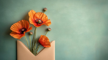 Orange poppies in a kraft envelope on a light green background, modern and bright generative aiの素材