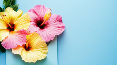 Pink and yellow hibiscus flowers in a light blue envelope on a sky blue background, tropical and fun, generative aiの素材