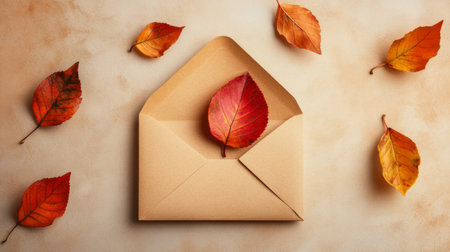 Orange and red autumn leaves in a kraft envelope on a light brown background, seasonal and warm, generative aiの素材