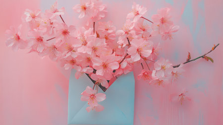 Pink cherry blossoms in a pale blue envelope on a pastel pink background, delicate and seasonal, generative aiの素材