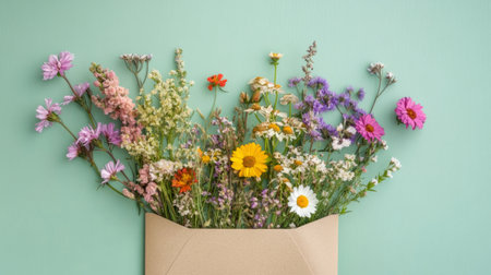 Mixed wild flowers in a kraft envelope on a pale green background, natural and wild, generative aiの素材