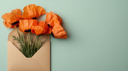 Orange poppies in a kraft envelope on a light green background, modern and bright generative aiの素材